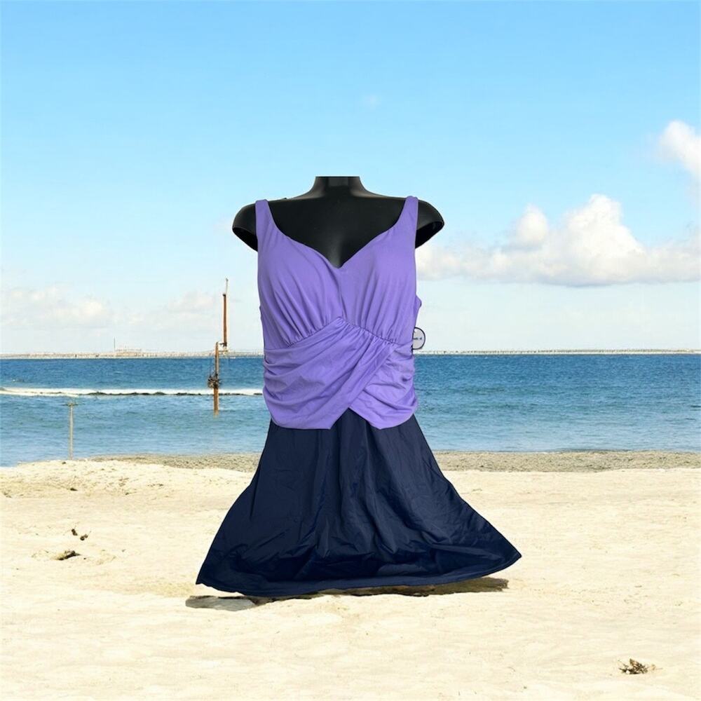 NWT SWIMSUITS‎ FOR ALL PURPLE AND NAVY SWIM DRESS UW CUP SIZE 20